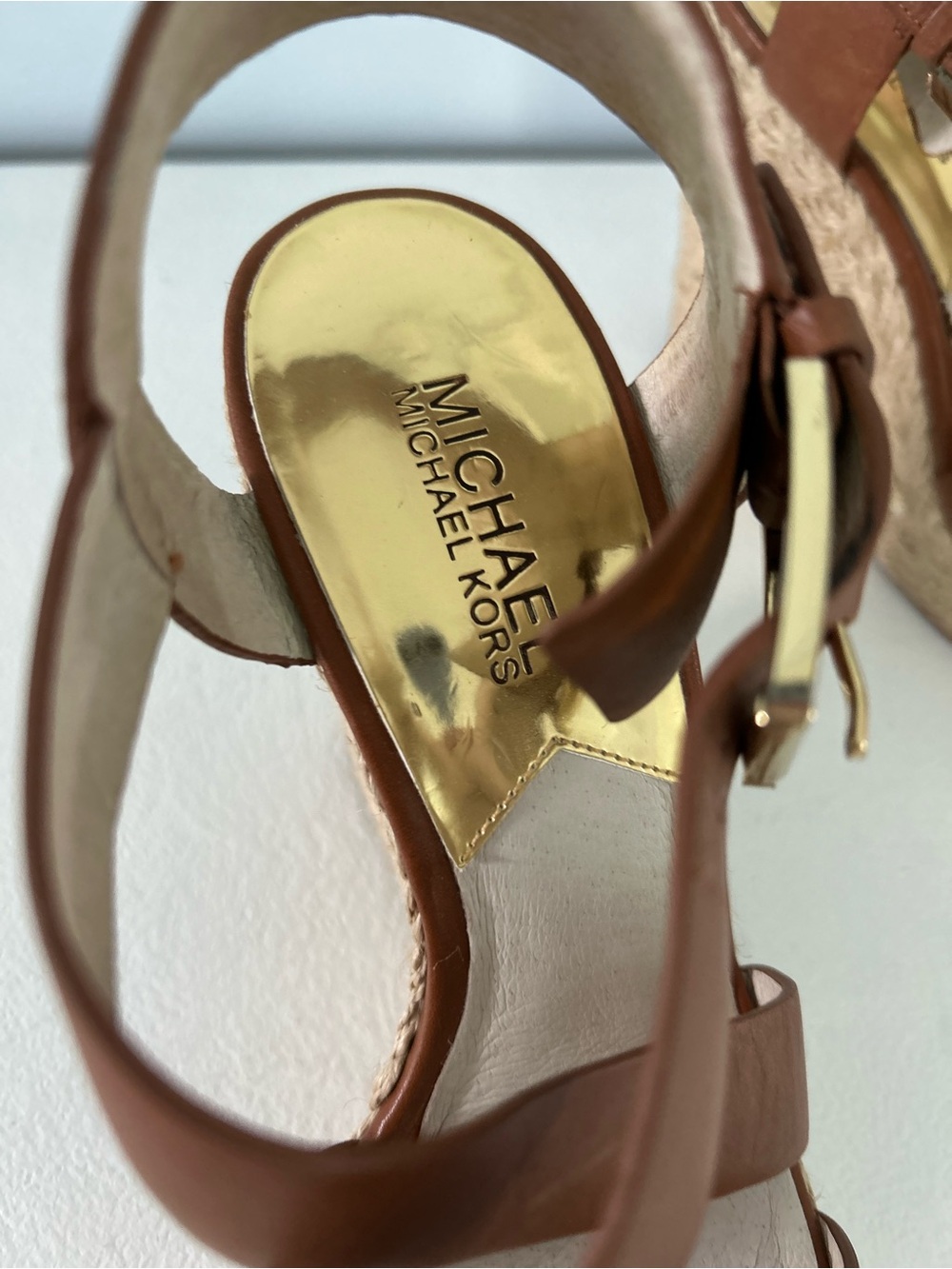 MICHAEL Michael Kors Brown Leather Espadrille Wedge Sandals with Gold Buckle - Picture 6 of 8